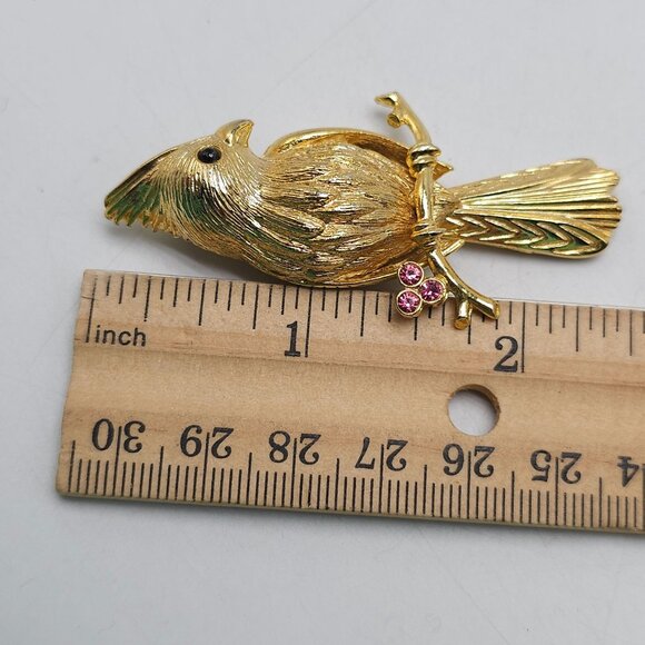 Vintage Gerry's Gold Tone Bird Brooch With Pink Rhinestones Cardinal Design - Picture 4 of 4